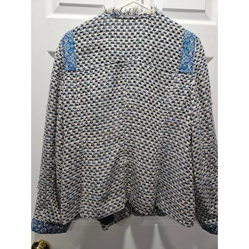 CHICO'S Beige Blue Black Check Tweed Full Zip Fringe Jacket Blazer Size 2 12 - Picture 6 of 10